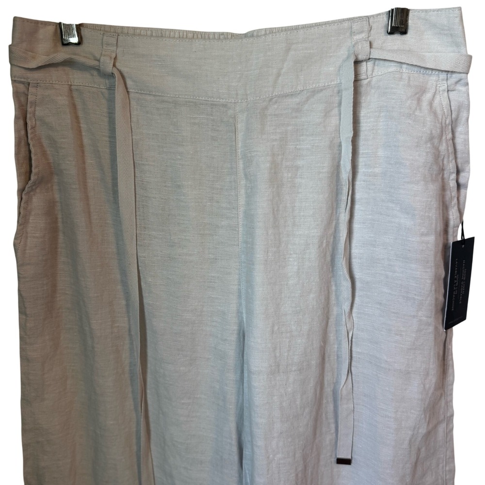 Halston Linen Wide Leg Pants Belted Cropped‎ Casual Womens L Stretch Waist White - Picture 4 of 10